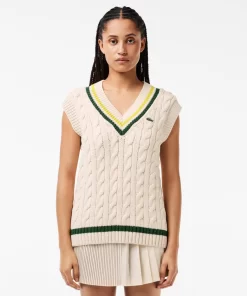 Lacoste Knitwear-Cable Knit Contrast Trim V Neck Sweater Vest