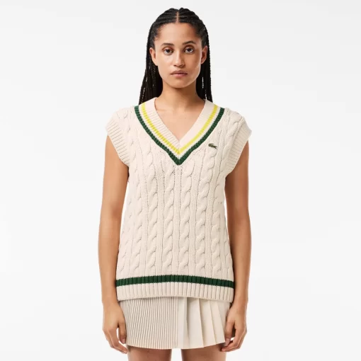 Lacoste Knitwear-Cable Knit Contrast Trim V Neck Sweater Vest