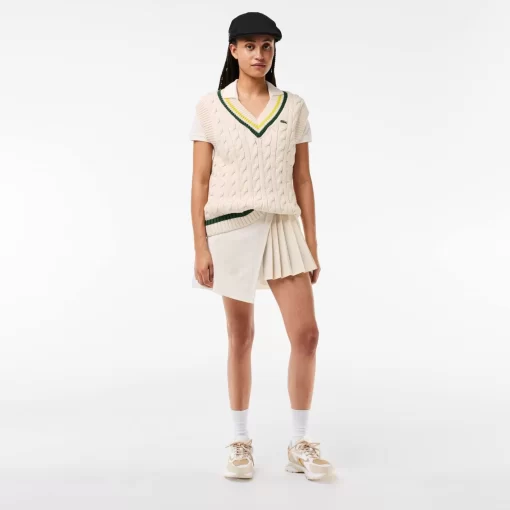 Lacoste Knitwear-Cable Knit Contrast Trim V Neck Sweater Vest