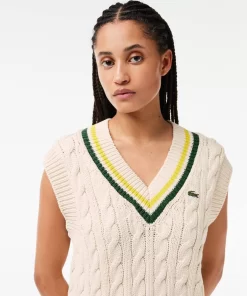 Lacoste Knitwear-Cable Knit Contrast Trim V Neck Sweater Vest