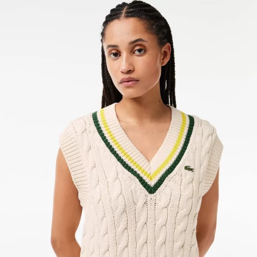 Lacoste Knitwear-Cable Knit Contrast Trim V Neck Sweater Vest