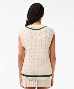 Lacoste Knitwear-Cable Knit Contrast Trim V Neck Sweater Vest