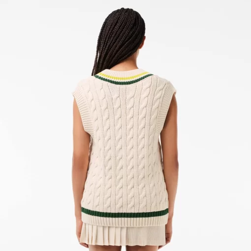 Lacoste Knitwear-Cable Knit Contrast Trim V Neck Sweater Vest