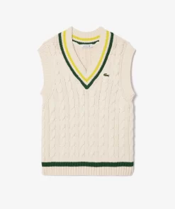 Lacoste Knitwear-Cable Knit Contrast Trim V Neck Sweater Vest