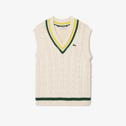 Lacoste Knitwear-Cable Knit Contrast Trim V Neck Sweater Vest