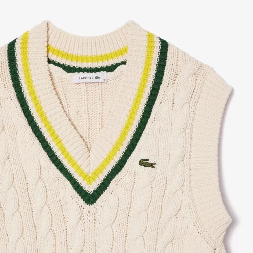 Lacoste Knitwear-Cable Knit Contrast Trim V Neck Sweater Vest