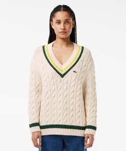 Lacoste Knitwear-Contrast Accent Cable Knit V Neck Sweater