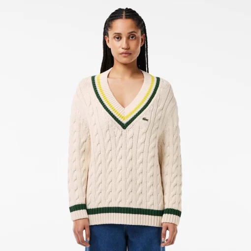 Lacoste Knitwear-Contrast Accent Cable Knit V Neck Sweater