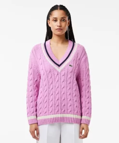 Lacoste Knitwear-Contrast Accent Cable Knit V Neck Sweater