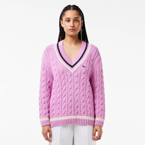 Lacoste Knitwear-Contrast Accent Cable Knit V Neck Sweater