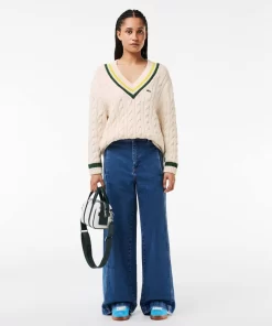 Lacoste Knitwear-Contrast Accent Cable Knit V Neck Sweater