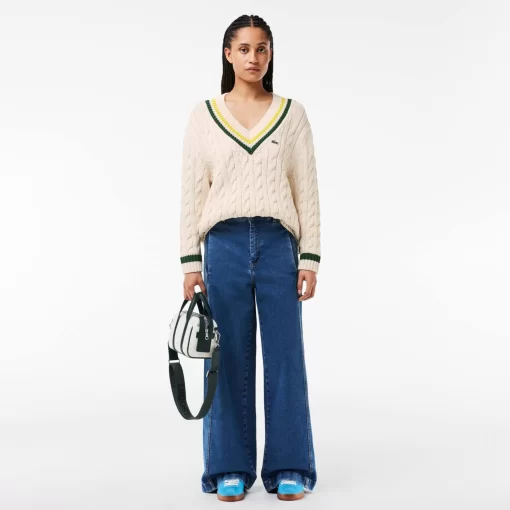 Lacoste Knitwear-Contrast Accent Cable Knit V Neck Sweater