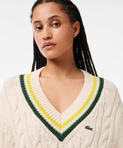 Lacoste Knitwear-Contrast Accent Cable Knit V Neck Sweater