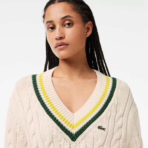 Lacoste Knitwear-Contrast Accent Cable Knit V Neck Sweater