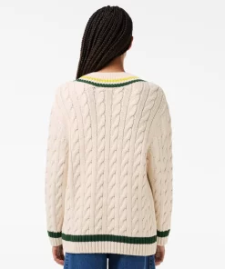 Lacoste Knitwear-Contrast Accent Cable Knit V Neck Sweater