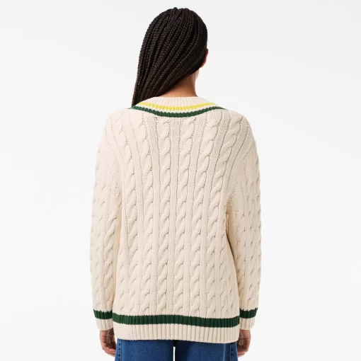 Lacoste Knitwear-Contrast Accent Cable Knit V Neck Sweater