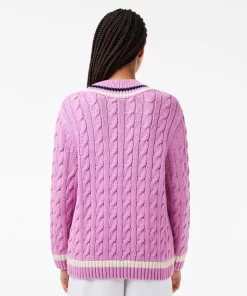 Lacoste Knitwear-Contrast Accent Cable Knit V Neck Sweater