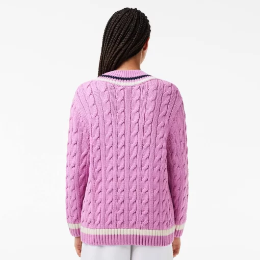 Lacoste Knitwear-Contrast Accent Cable Knit V Neck Sweater