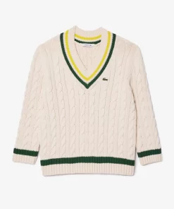 Lacoste Knitwear-Contrast Accent Cable Knit V Neck Sweater