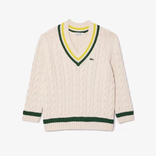 Lacoste Knitwear-Contrast Accent Cable Knit V Neck Sweater