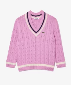 Lacoste Knitwear-Contrast Accent Cable Knit V Neck Sweater