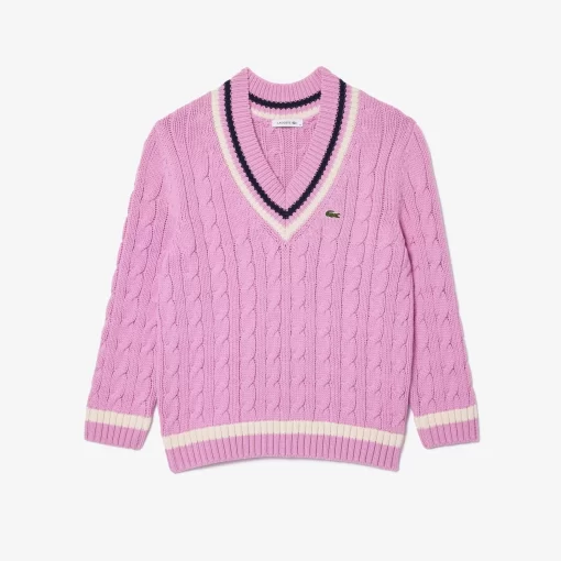 Lacoste Knitwear-Contrast Accent Cable Knit V Neck Sweater