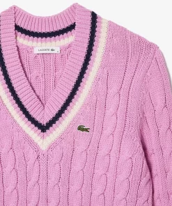 Lacoste Knitwear-Contrast Accent Cable Knit V Neck Sweater