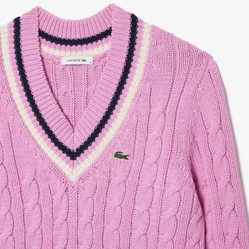 Lacoste Knitwear-Contrast Accent Cable Knit V Neck Sweater