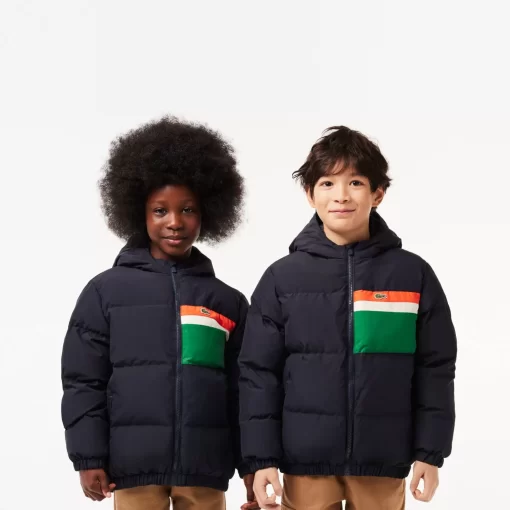 Lacoste Girl Clothing-Contrast Stripe Hooded Puffer Jacket