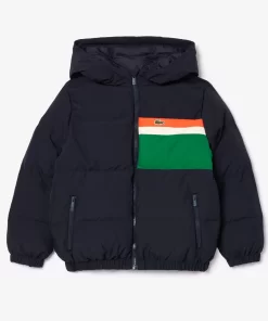 Lacoste Girl Clothing-Contrast Stripe Hooded Puffer Jacket