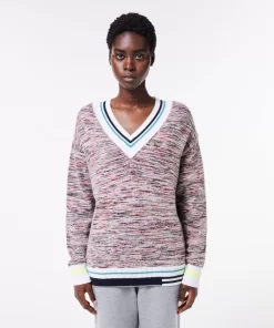 Lacoste Knitwear-Contrast Stripe V Neck Alpaga Sweater