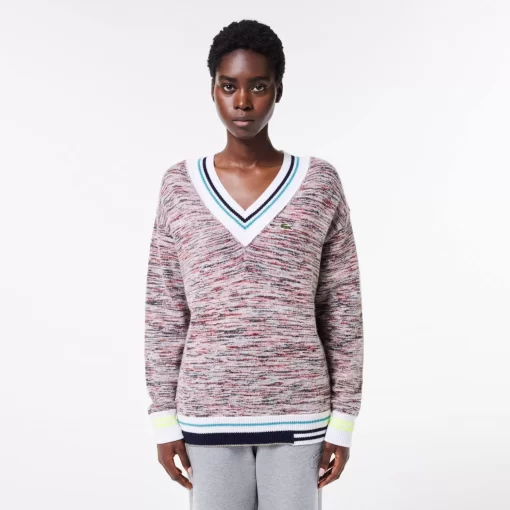 Lacoste Knitwear-Contrast Stripe V Neck Alpaga Sweater