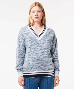 Lacoste Knitwear-Contrast Stripe V Neck Alpaga Sweater