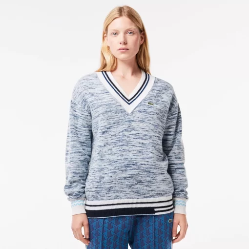 Lacoste Knitwear-Contrast Stripe V Neck Alpaga Sweater