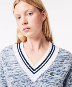 Lacoste Knitwear-Contrast Stripe V Neck Alpaga Sweater