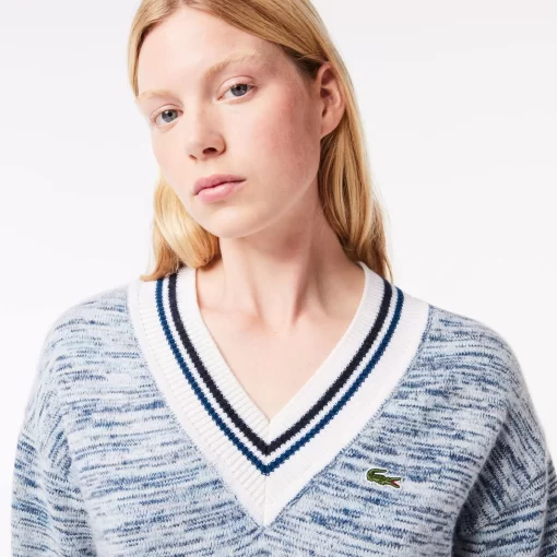 Lacoste Knitwear-Contrast Stripe V Neck Alpaga Sweater