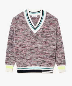 Lacoste Knitwear-Contrast Stripe V Neck Alpaga Sweater