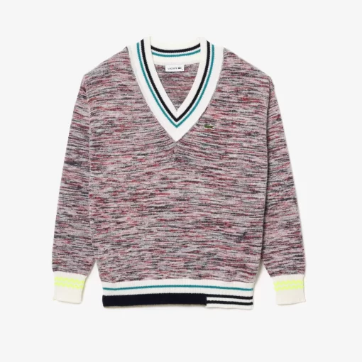 Lacoste Knitwear-Contrast Stripe V Neck Alpaga Sweater