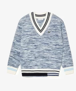 Lacoste Knitwear-Contrast Stripe V Neck Alpaga Sweater