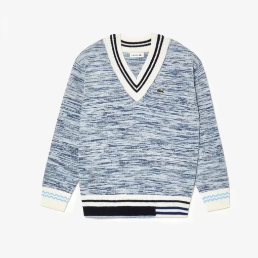 Lacoste Knitwear-Contrast Stripe V Neck Alpaga Sweater