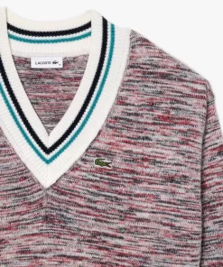 Lacoste Knitwear-Contrast Stripe V Neck Alpaga Sweater