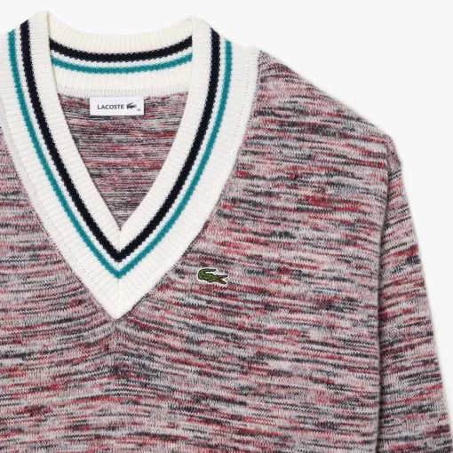 Lacoste Knitwear-Contrast Stripe V Neck Alpaga Sweater