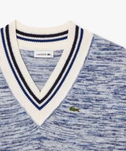 Lacoste Knitwear-Contrast Stripe V Neck Alpaga Sweater