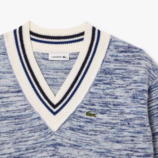 Lacoste Knitwear-Contrast Stripe V Neck Alpaga Sweater