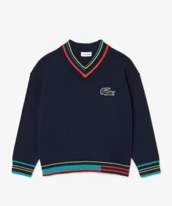 Lacoste Girl Clothing-Cotton And Wool Blend V Neck Sweater