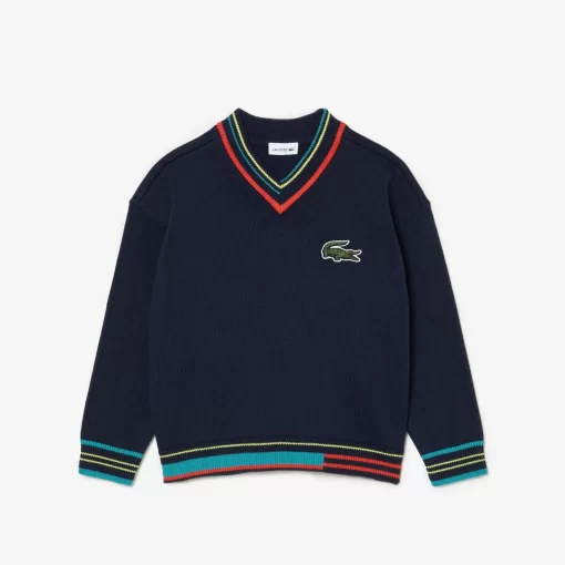 Lacoste Girl Clothing-Cotton And Wool Blend V Neck Sweater