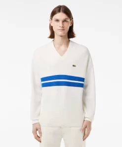 Lacoste Knitwear-Double Face Pique Striped V Neck Sweater