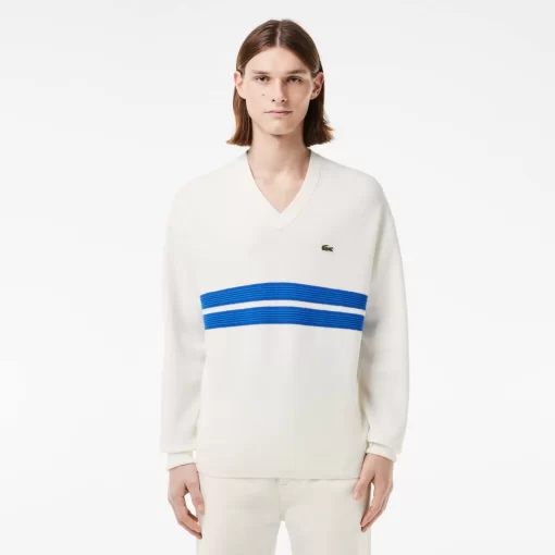 Lacoste Knitwear-Double Face Pique Striped V Neck Sweater