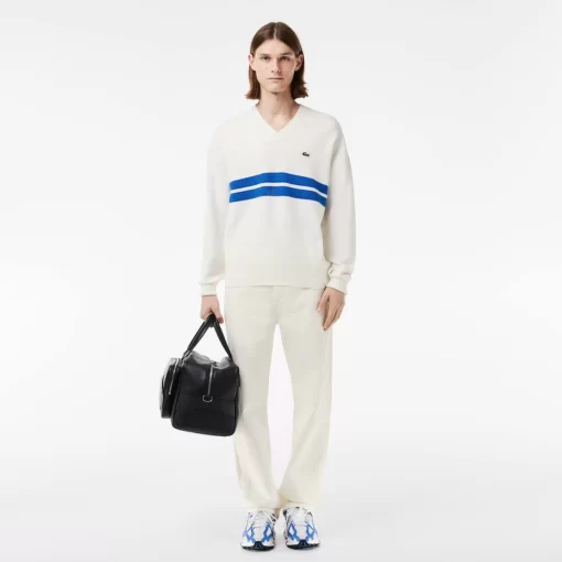 Lacoste Knitwear-Double Face Pique Striped V Neck Sweater