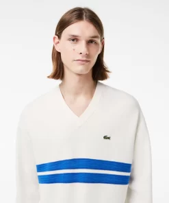 Lacoste Knitwear-Double Face Pique Striped V Neck Sweater